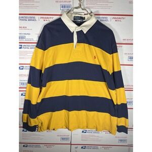 Mens Vintage Polo Ralph Lauren Blue Stripped Rugby Long Sleeve Shirt size XL
